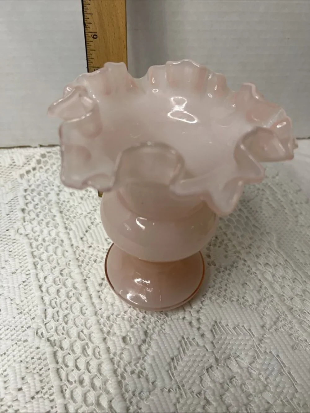 Fenton Glass Pink Melon Overlay Vase Ruffle Top 6.25